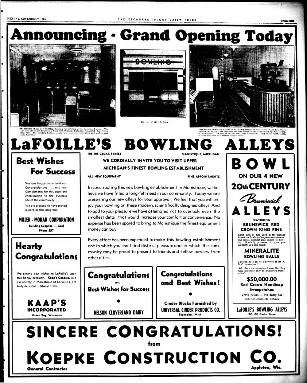 LaFoilles Bowling Alleys - Grand Opening Nov 7 1939